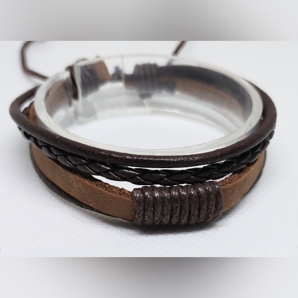 Brown Leather Braided Bracelet Men's Layered New f79